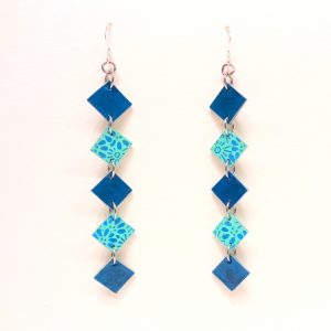 Boucles d'oreille en carton - Longues fines - Bleu Turquoise/Bleu fleurs turquoise - Argent 925