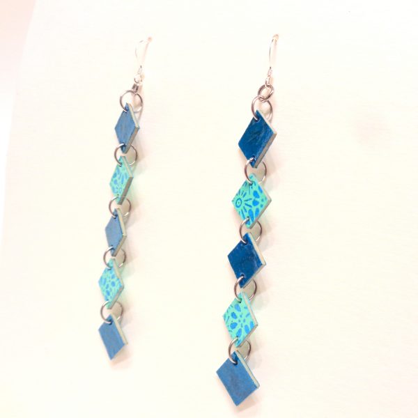 Boucles d'oreille en carton - Longues fines - Bleu Turquoise/Bleu fleurs turquoise - Argent 925