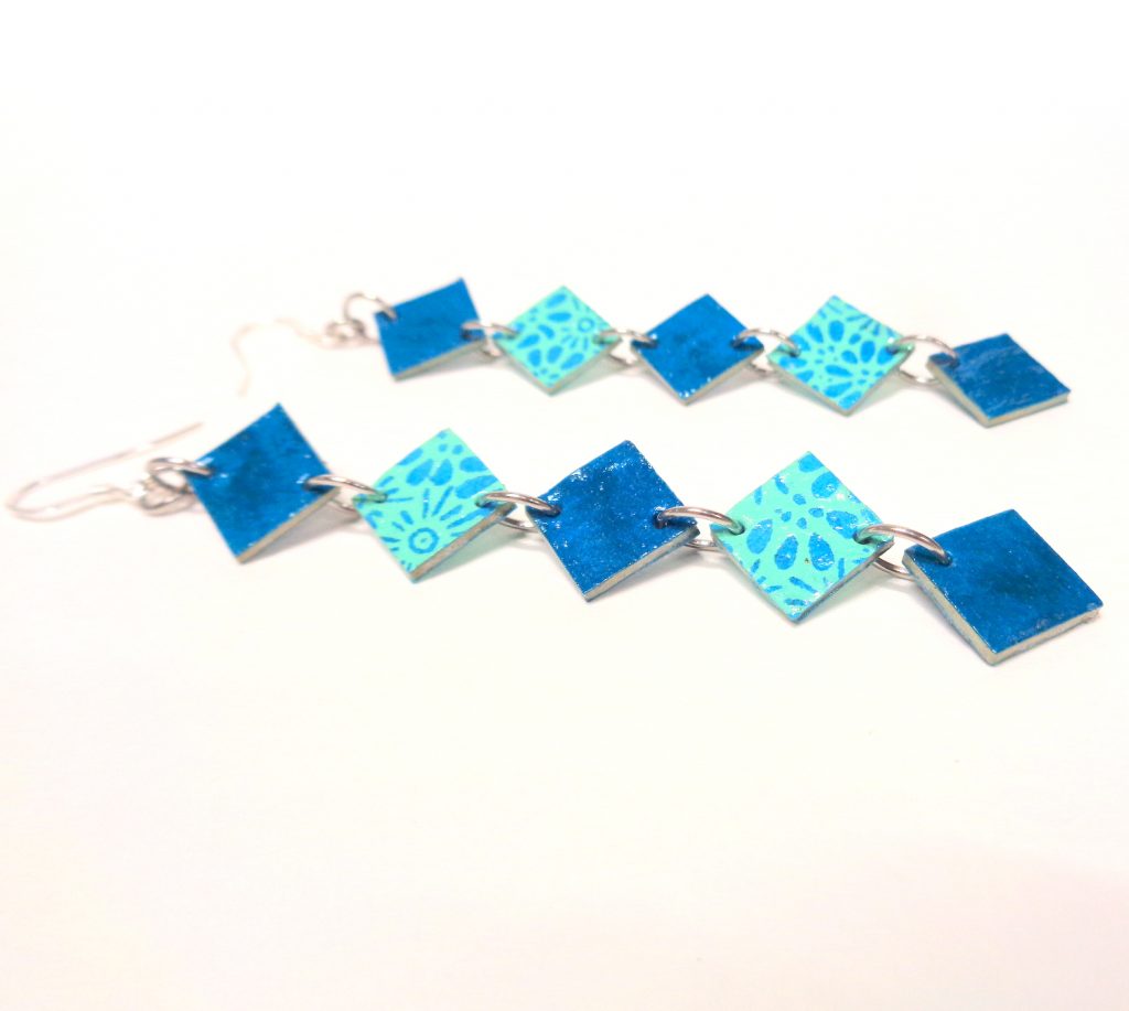 Boucles d'oreille en carton - Longues fines - Bleu Turquoise/Bleu fleurs turquoise - Argent 925