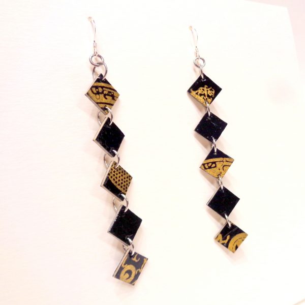 Boucles d'oreille en carton - Longues fines - Noir Or/Noir - Argent 925