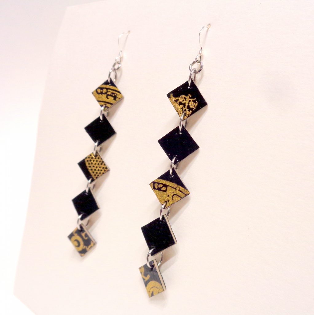 Boucles d'oreille en carton - Longues fines - Noir Or/Noir - Argent 925