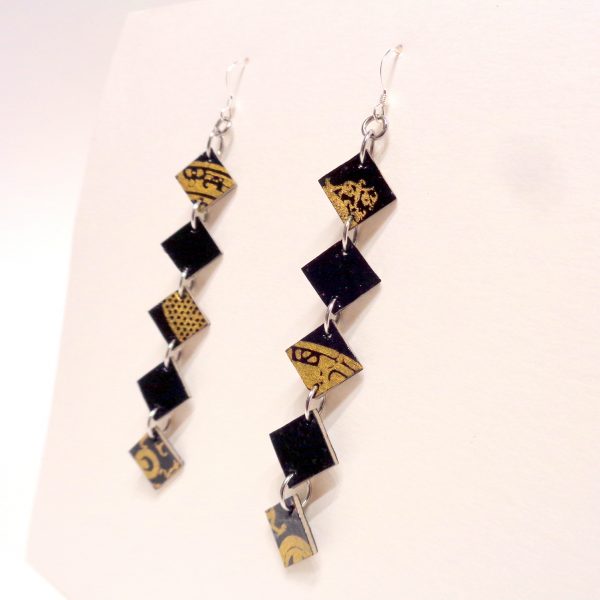Boucles d'oreille en carton - Longues fines - Noir Or/Noir - Argent 925
