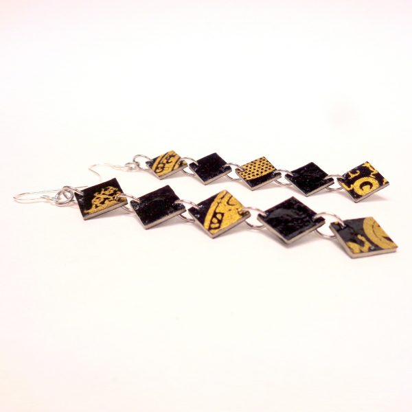 Boucles d'oreille en carton - Longues fines - Noir Or/Noir - Argent 925