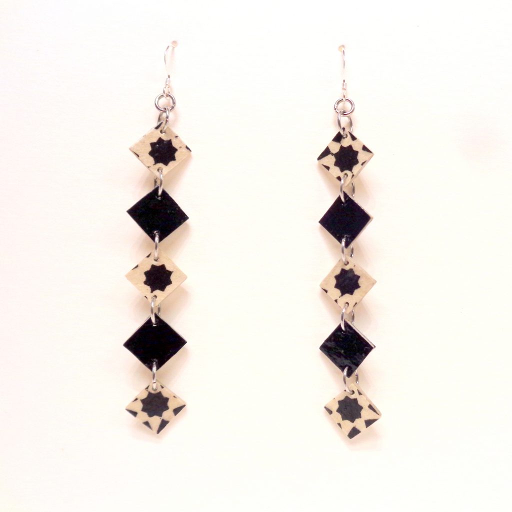 Boucles d'oreille en carton - Longues fines - Noir istanbul/Noir - Argent 925