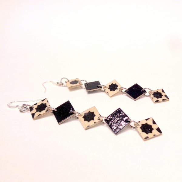 Boucles d'oreille en carton - Longues fines - Noir istanbul/Noir - Argent 925
