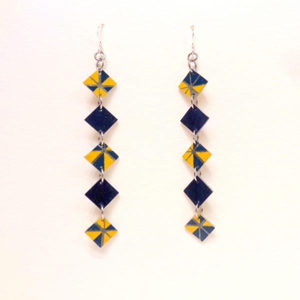 Boucles d'oreille en carton - Longues fines - Bleu et Jaune Géo - Argent 925
