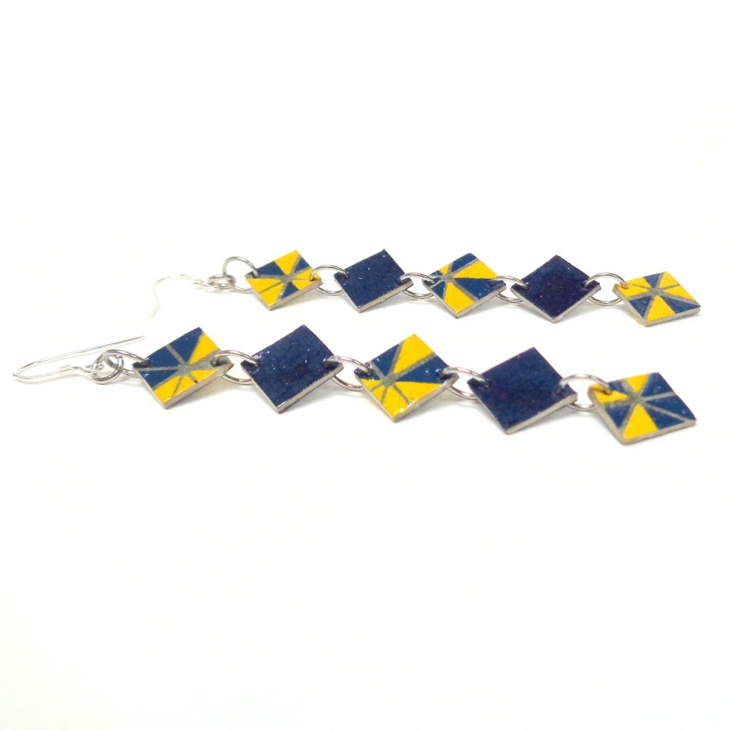 Boucles d'oreille en carton - Longues fines - Bleu et Jaune Géo - Argent 925