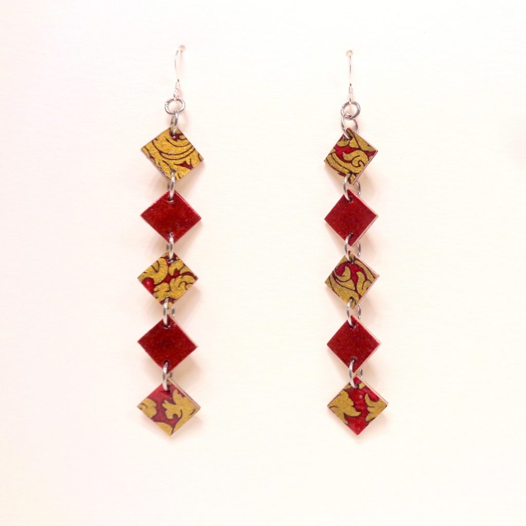 Boucles d'oreille en carton - Longues fines - Or Rouge /Rouge Carmin - Argent 925