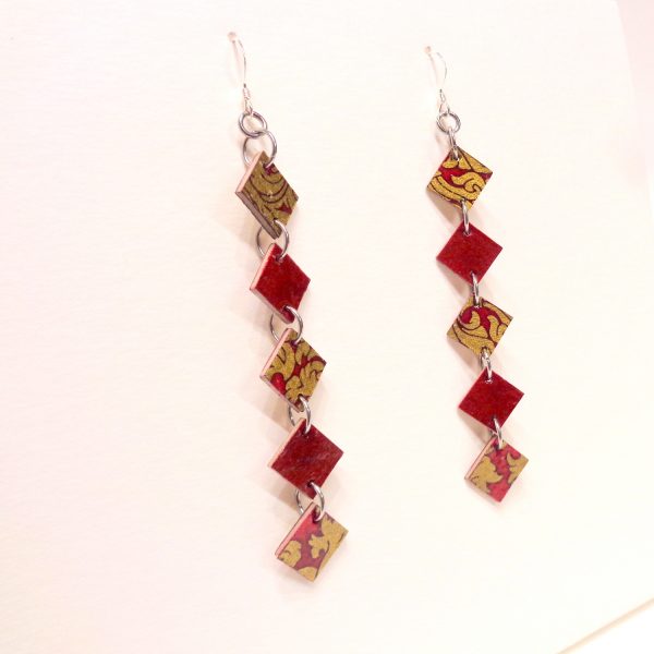 Boucles d'oreille en carton - Longues fines - Or Rouge /Rouge Carmin - Argent 925