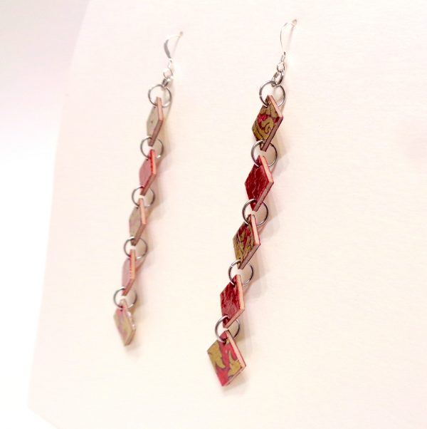 Boucles d'oreille en carton - Longues fines - Or Rouge /Rouge Carmin - Argent 925