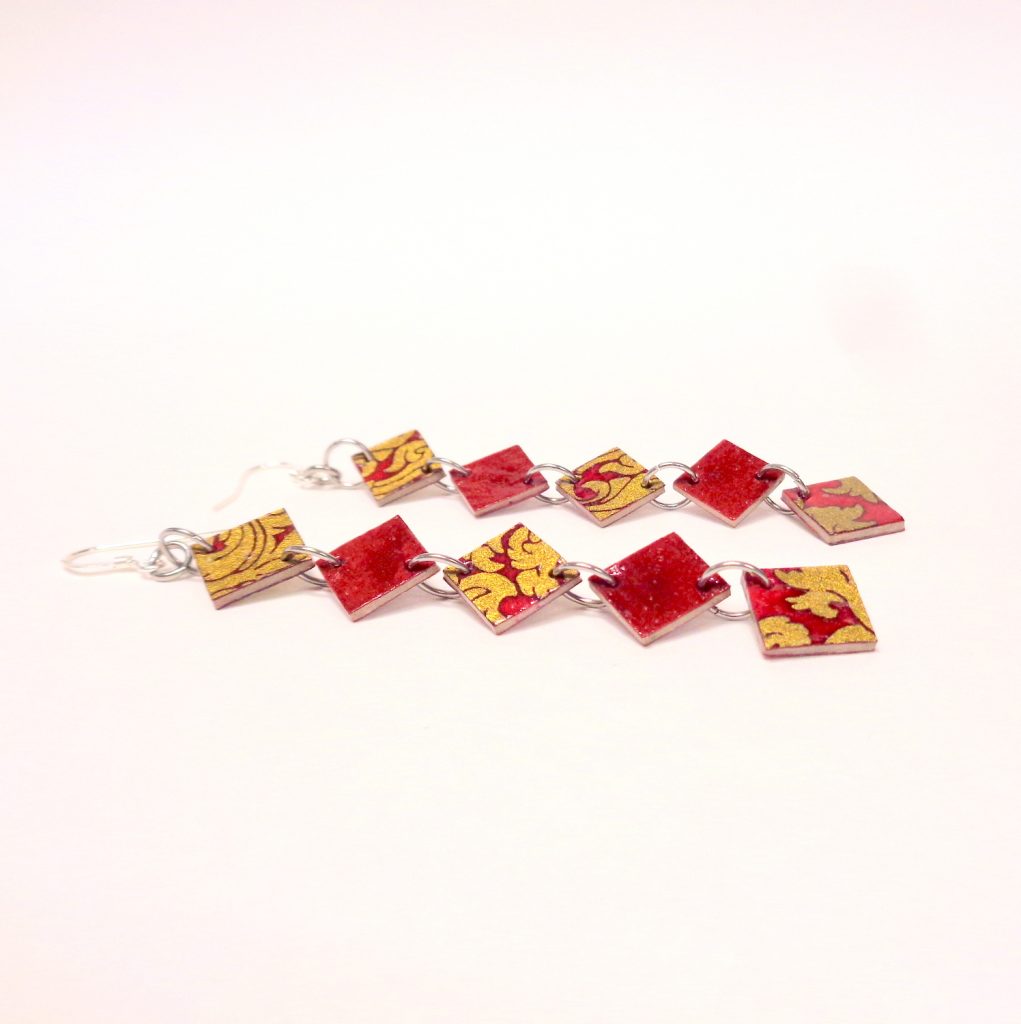 Boucles d'oreille en carton - Longues fines - Or Rouge /Rouge Carmin - Argent 925