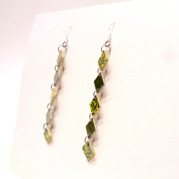 Boucles d'oreille en carton - Longues fines - Vert Baroque/Vert- Argent 925