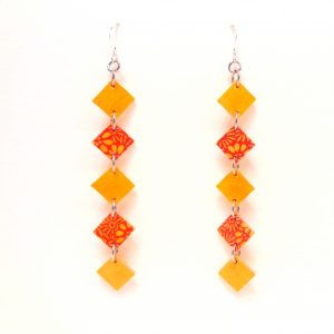 Boucles d'oreille en carton - Longues fines - Jaune Ocre/Orange fleurs - Argent 925