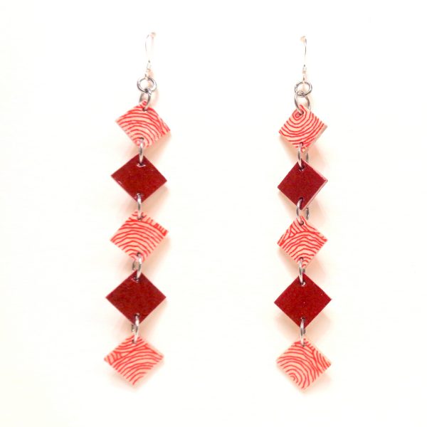 Boucles d'oreille en carton - Longues fines - Rondorouge/Rouge Carmin - Argent 925