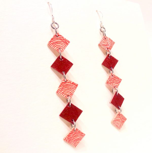 Boucles d'oreille en carton - Longues fines - Rondorouge/Rouge Carmin - Argent 925