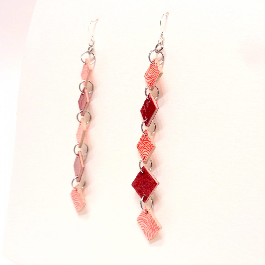 Boucles d'oreille en carton - Longues fines - Rondorouge/Rouge Carmin - Argent 925
