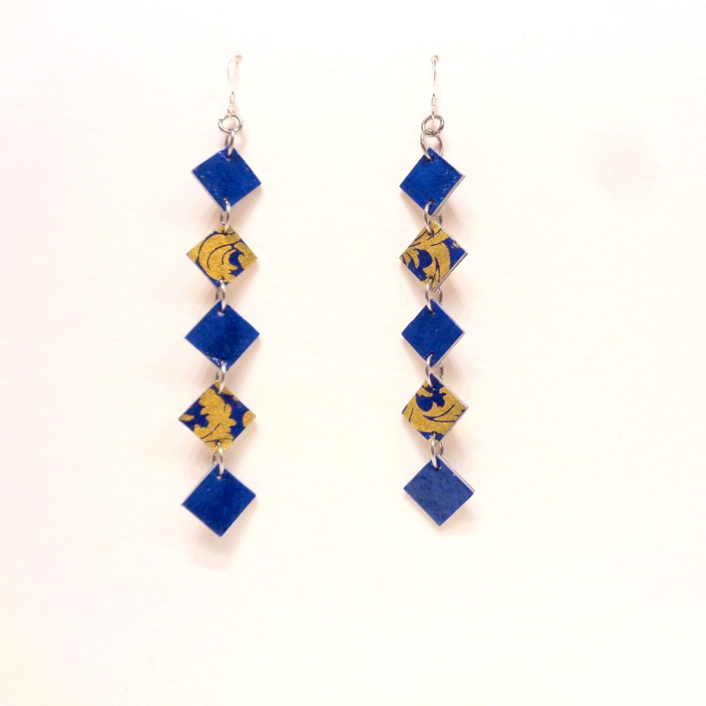 Boucles d'oreille en carton - Longues fines - Bleu/Or bleu - Argent 925