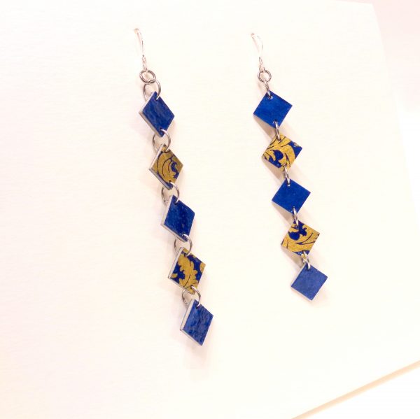 Boucles d'oreille en carton - Longues fines - Bleu/Or bleu - Argent 925