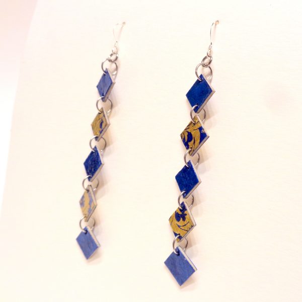 Boucles d'oreille en carton - Longues fines - Bleu/Or bleu - Argent 925