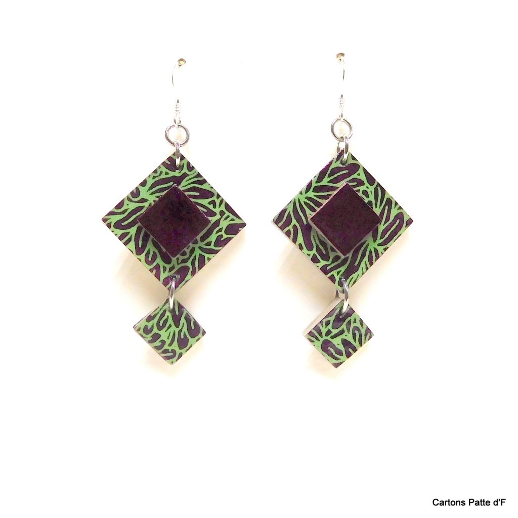 Boucles d'oreille en carton - Classique - Feuilles Vert-Bordeaux - Argent 925