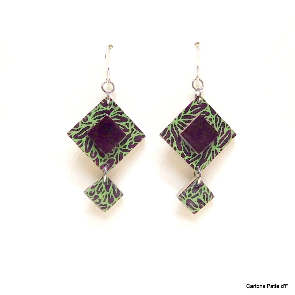 Boucles d'oreille en carton - Classique - Feuilles Vert-Bordeaux - Argent 925