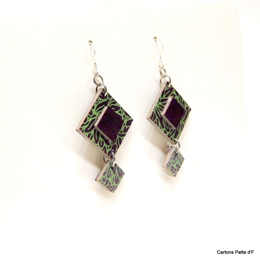 Boucles d'oreille en carton - Classique - Feuilles Vert-Bordeaux - Argent 925