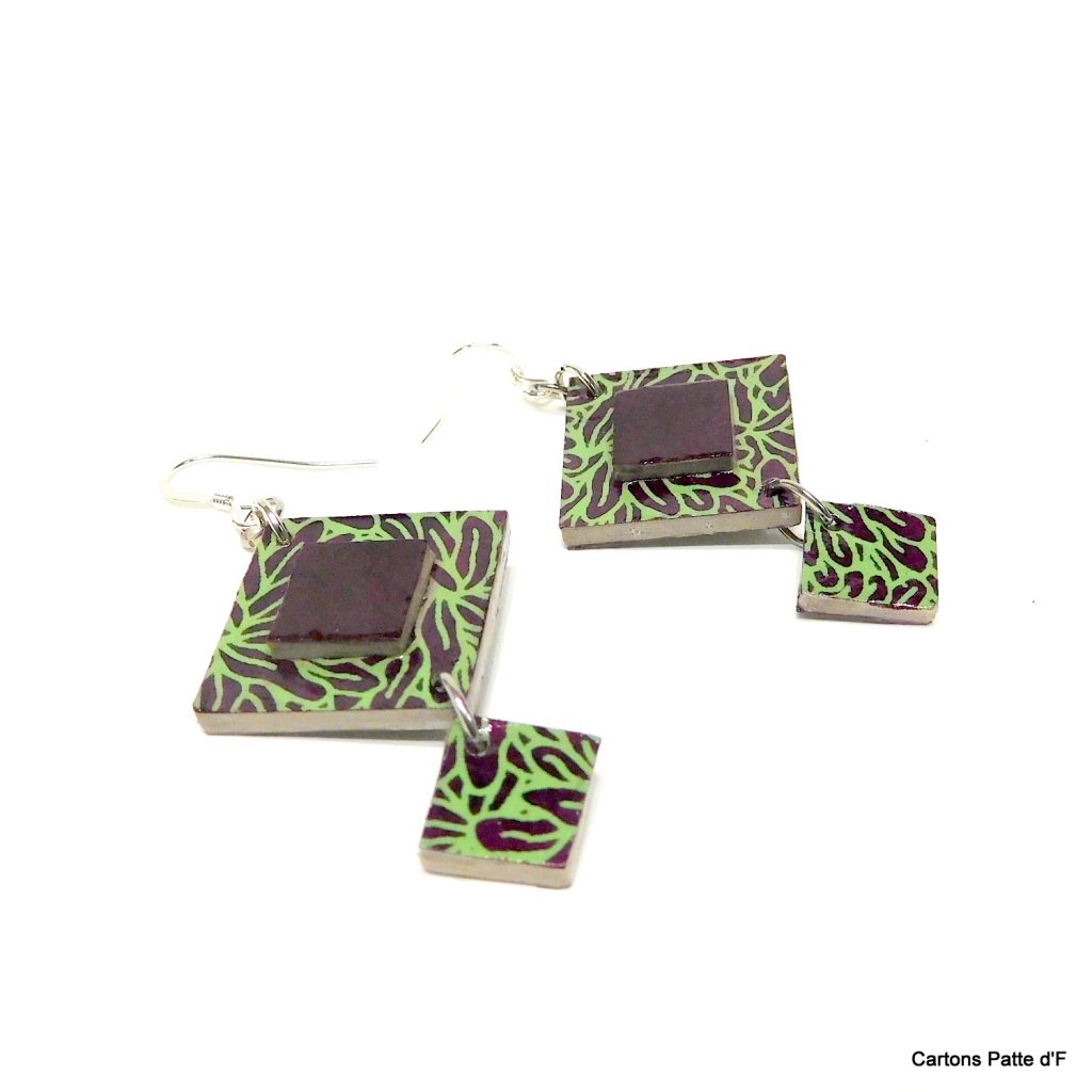Boucles d'oreille en carton - Classique - Feuilles Vert-Bordeaux - Argent 925