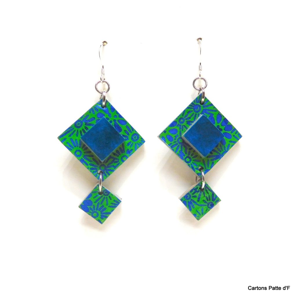 Boucles d'oreille en carton - Classique - Bleu et vert turquoise fleuri - Argent 925