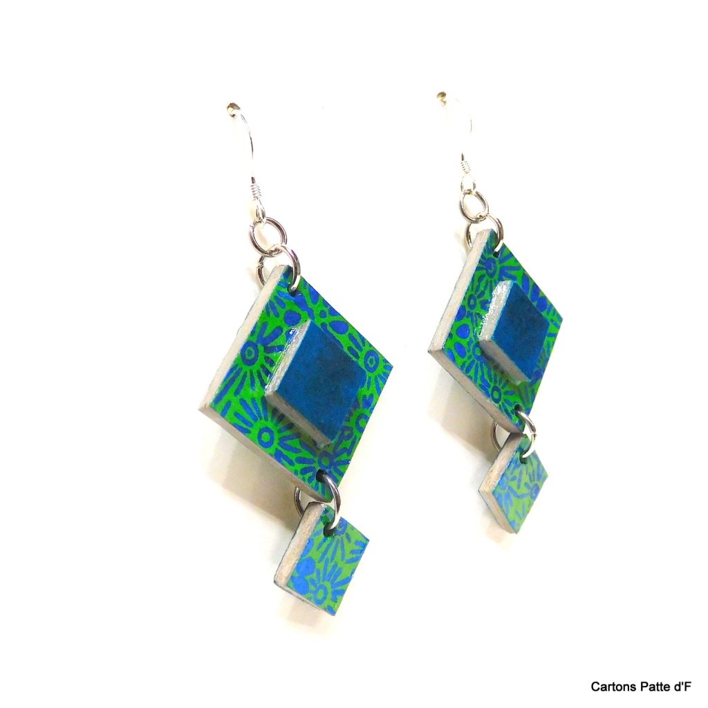 Boucles d'oreille en carton - Classique - Bleu et vert turquoise fleuri - Argent 925
