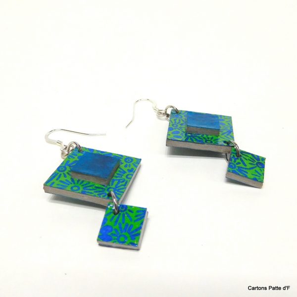 Boucles d'oreille en carton - Classique - Bleu et vert turquoise fleuri - Argent 925