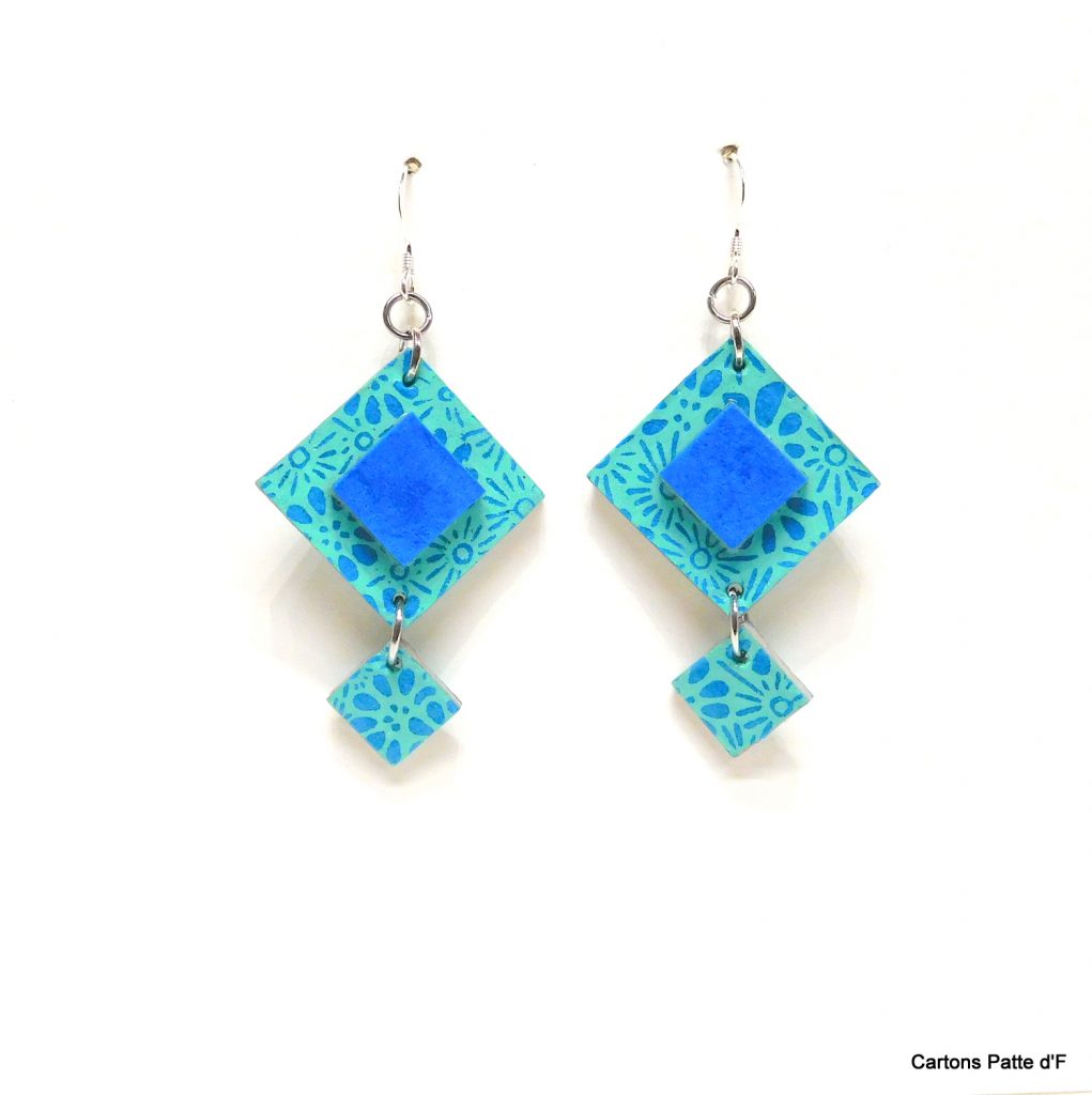 Boucles d'oreille en carton - Classique - Bleu turquoise fleuri - Argent 925