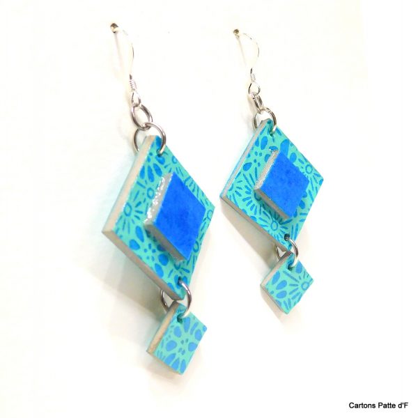 Boucles d'oreille en carton - Classique - Bleu turquoise fleuri - Argent 925
