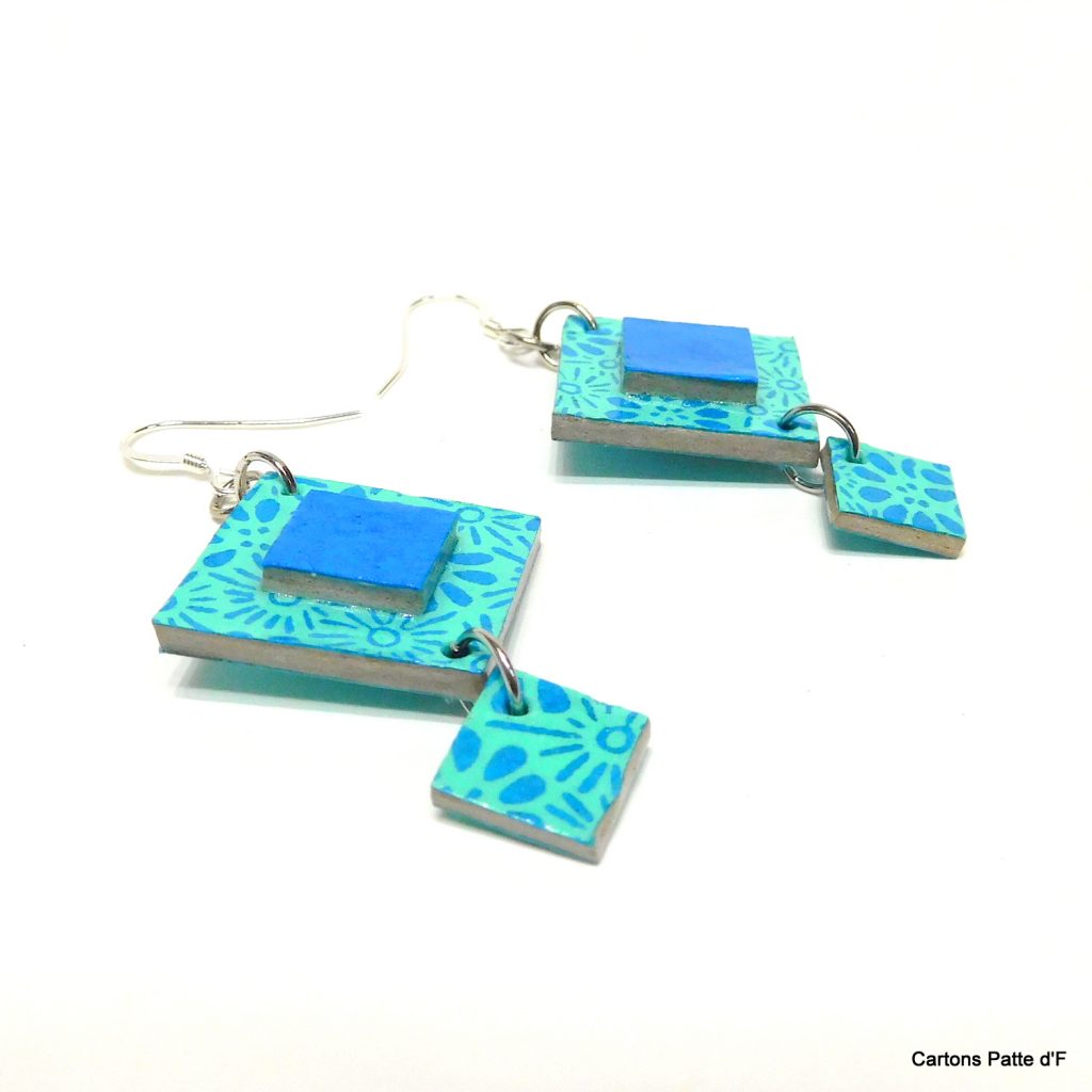 Boucles d'oreille en carton - Classique - Bleu turquoise fleuri - Argent 925