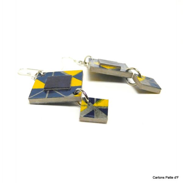 Boucles d'oreille en carton - Classiques - Bleu et Jaune Géo - Argent 925