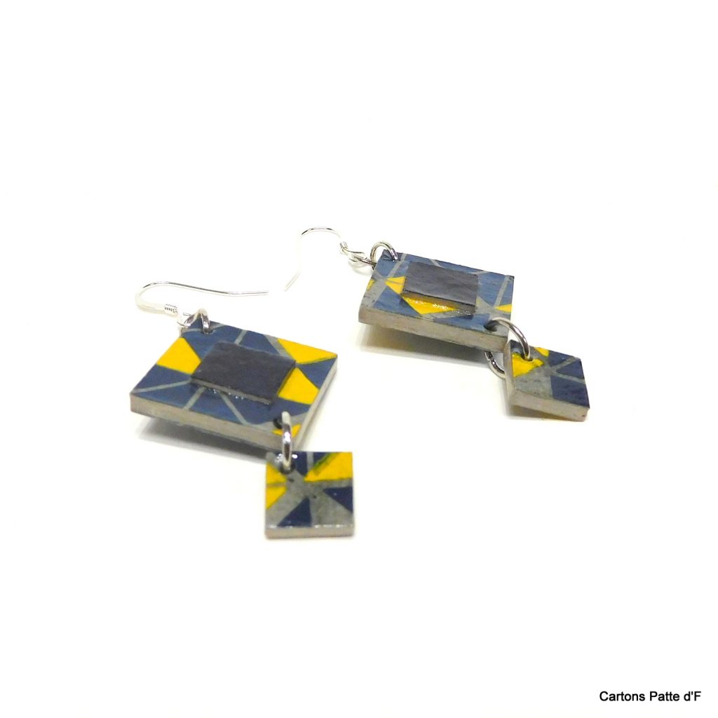 Boucles d'oreille en carton - Classiques - Bleu et Jaune Géo - Argent 925