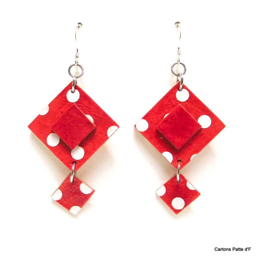 Boucles d'oreille en carton - Classiques - Rouge à petits pois - Argent 925