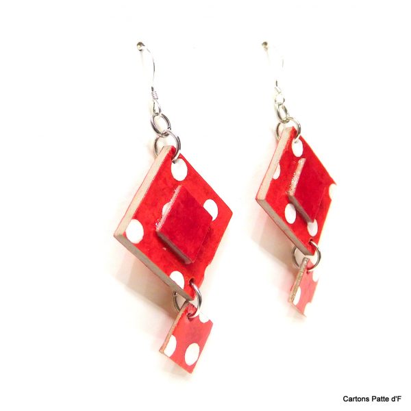 Boucles d'oreille en carton - Classiques - Rouge à petits pois - Argent 925