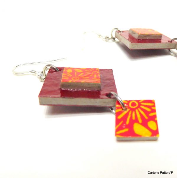 Boucles d'oreille en carton - Classiques - Rouge carmin/ Orange à fleurs - Argent 925
