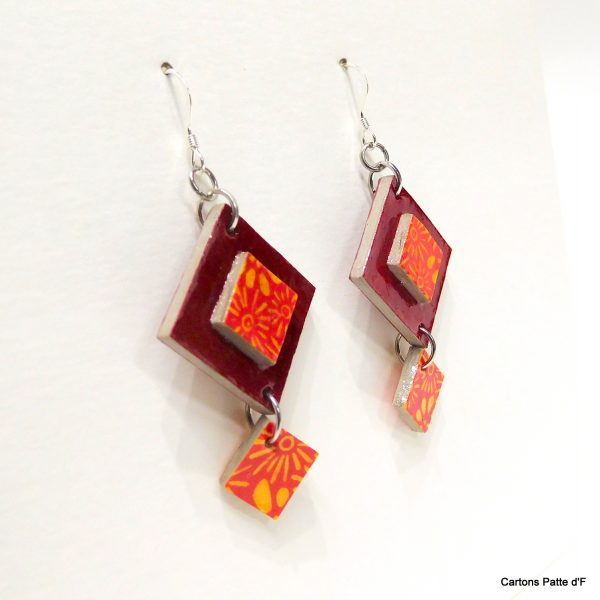 Boucles d'oreille en carton - Classiques - Rouge carmin/ Orange à fleurs - Argent 925