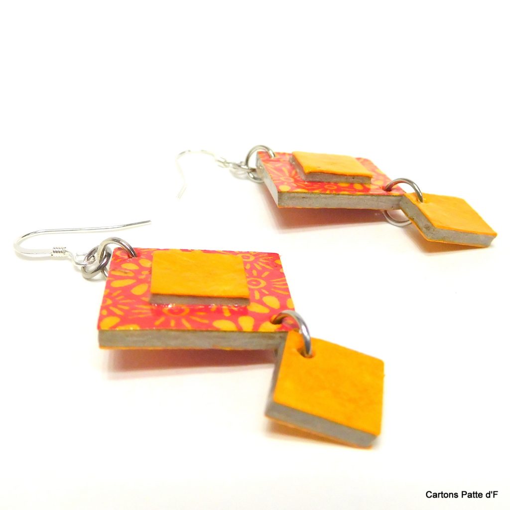 Boucles d'oreille en carton - Classiques - Orange à fleurs/ Jaune ocre - Argent 925