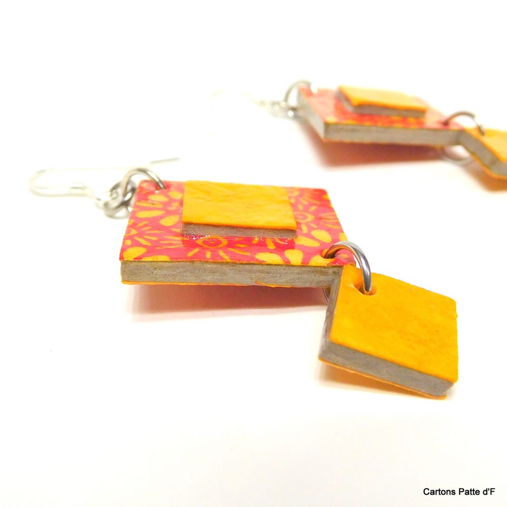 Boucles d'oreille en carton - Classiques - Orange à fleurs/ Jaune ocre - Argent 925