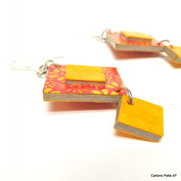 Boucles d'oreille en carton - Classiques - Orange à fleurs/ Jaune ocre - Argent 925
