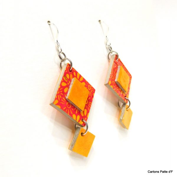 Boucles d'oreille en carton - Classiques - Orange à fleurs/ Jaune ocre - Argent 925