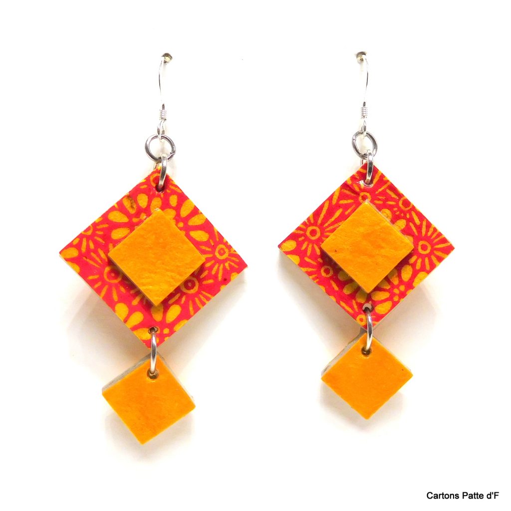 Boucles d'oreille en carton - Classiques - Orange à fleurs/ Jaune ocre - Argent 925