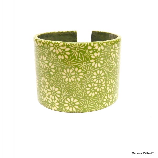 Bracelet manchette en carton - "Vert à fleurs"