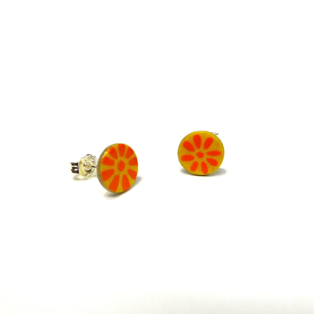 Boucles d'oreille en carton - Puces d'oreille - Jaune et Fleurs Orange - Argent 925