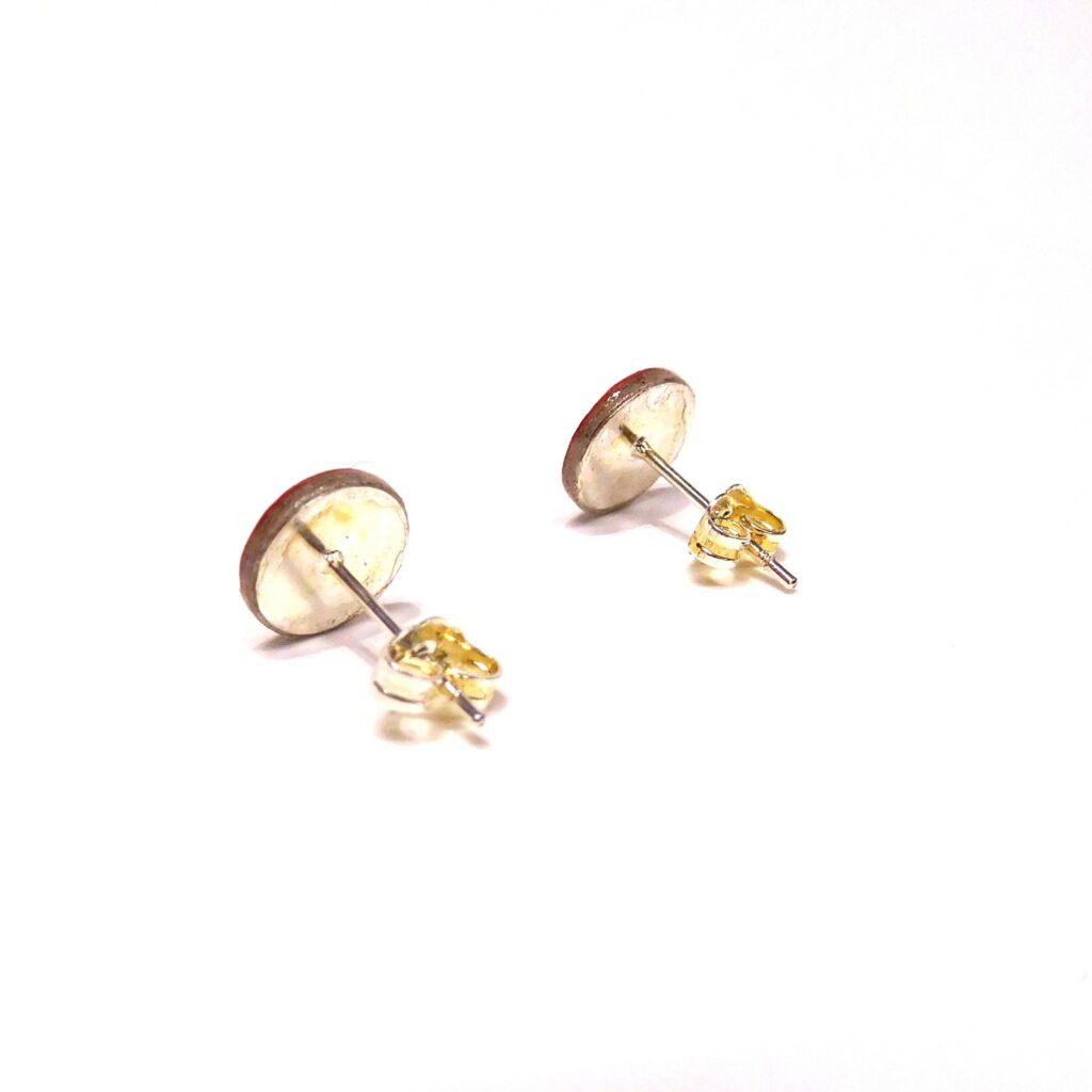 Boucles d'oreille en carton - Puces d'oreille - Jaune et petits losanges rouge - Argent 925