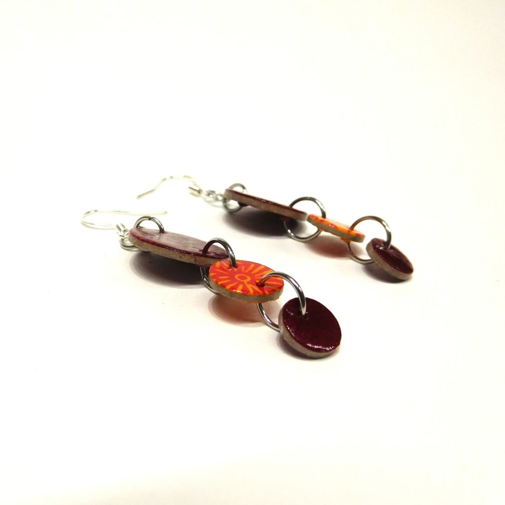 Boucles d'oreille en carton - Grappe - Bordeaux et Fleurs Orange - Argent 925