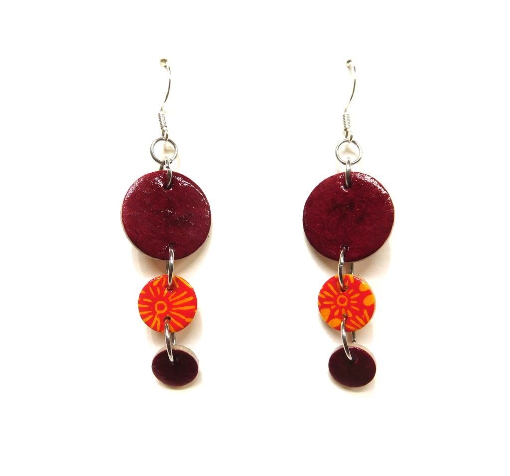 Boucles d'oreille en carton - Grappe - Bordeaux et Fleurs Orange - Argent 925