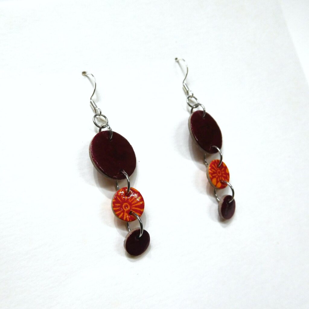 Boucles d'oreille en carton - Grappe - Bordeaux et Fleurs Orange - Argent 925